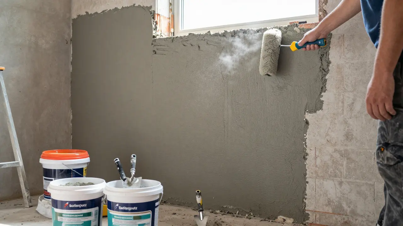 Anwendung von Haftgrund und Sanierputz auf einer vorbereiteten Kellerwand