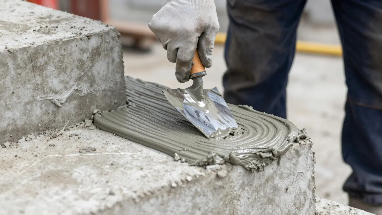 Arbeiter trägt Dichtschlämme auf Betonstufen einer Außentreppe auf