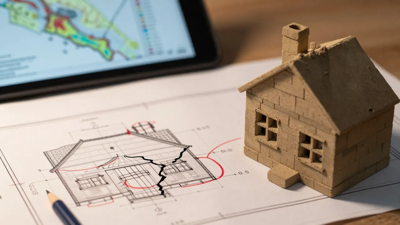 Baupläne und Modell eines Hauses zur Risikobewertung