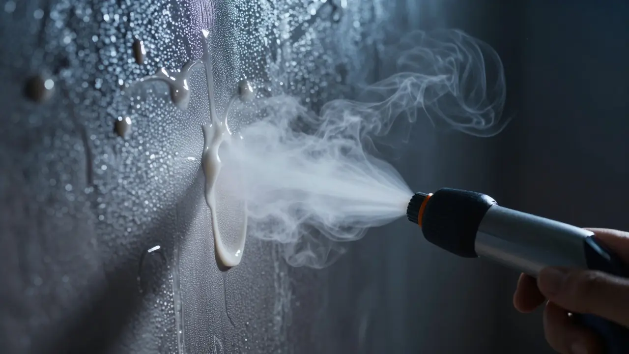 Dampfreiniger löst Vinyltapete von der Wand durch heißen Dampf.
