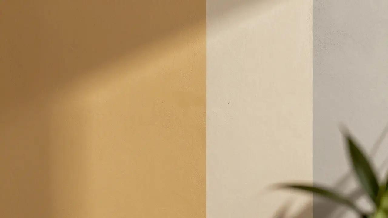 Detailaufnahme von Wandfarben Honig-Gold und Creme-Beige mit Pflanzen im Schatten