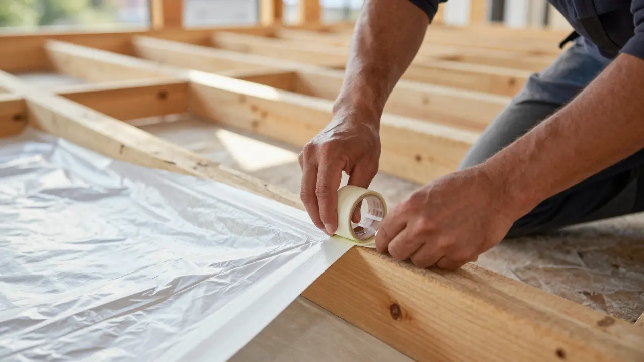 Handwerker verlegen und abdichten eine Dampfbremse im Dachstuhl