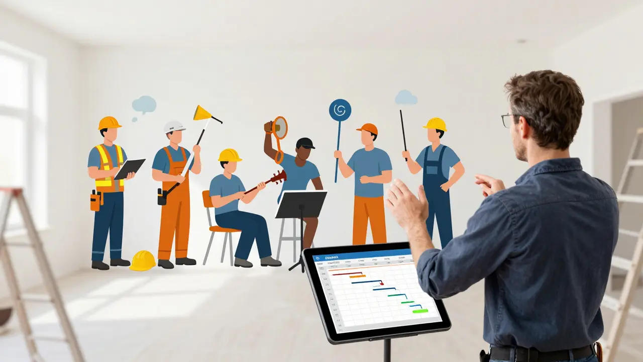 Hausbesitzer koordiniert Handwerker nach einem digitalen Zeitplan
