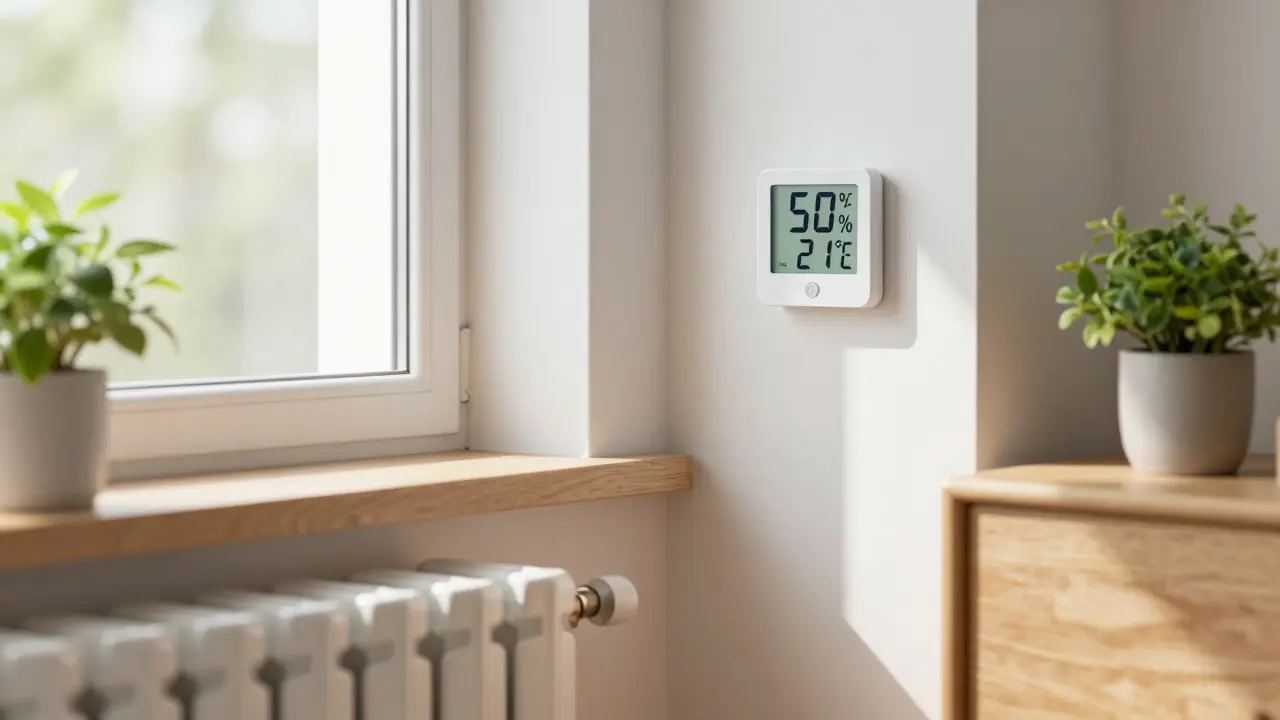 Hygrometer an der Wand zeigt ideale Luftfeuchtigkeit von 50 %