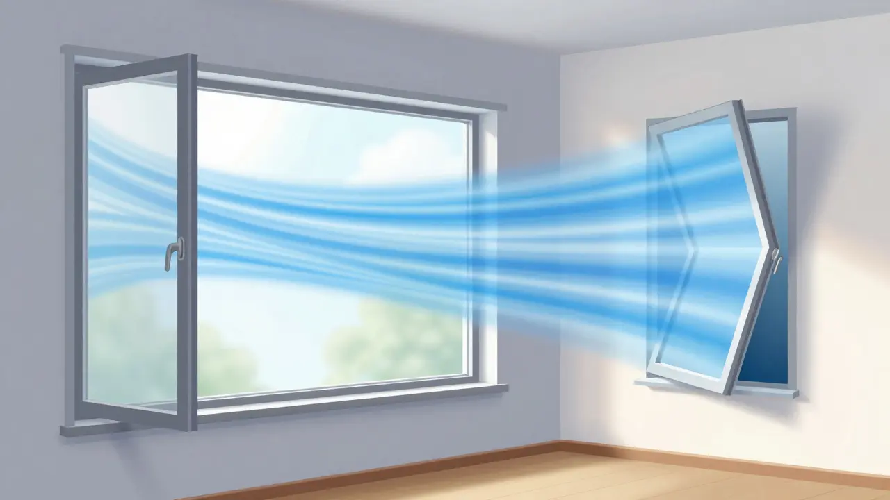 Illustration des richtigen Stoßlüftens durch weit geöffneter Fenster