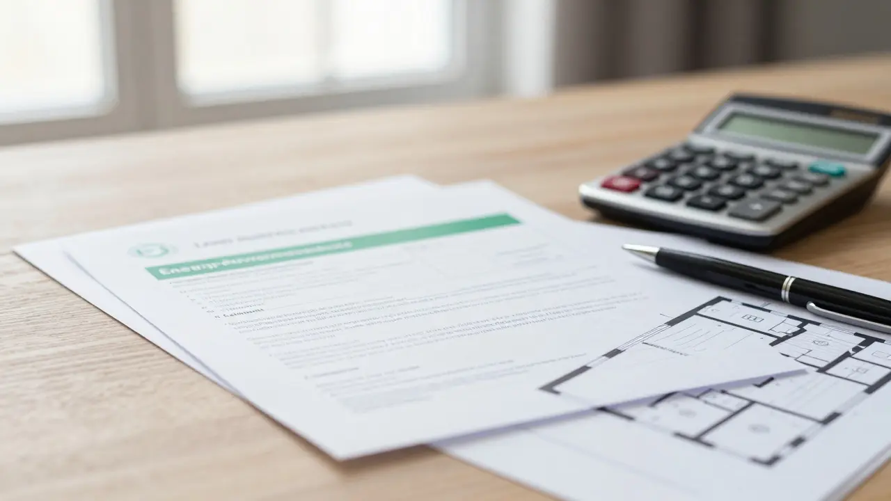Immobilienunterlagen wie Grundbuch und Energieausweis auf dem Schreibtisch