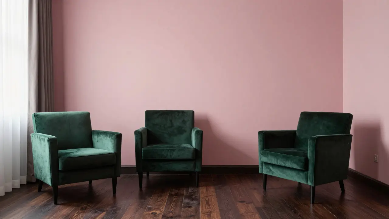 Interieur mit Pastellrosa Akzentwand, dunklem Eichenparkett und grünen Samtsesseln