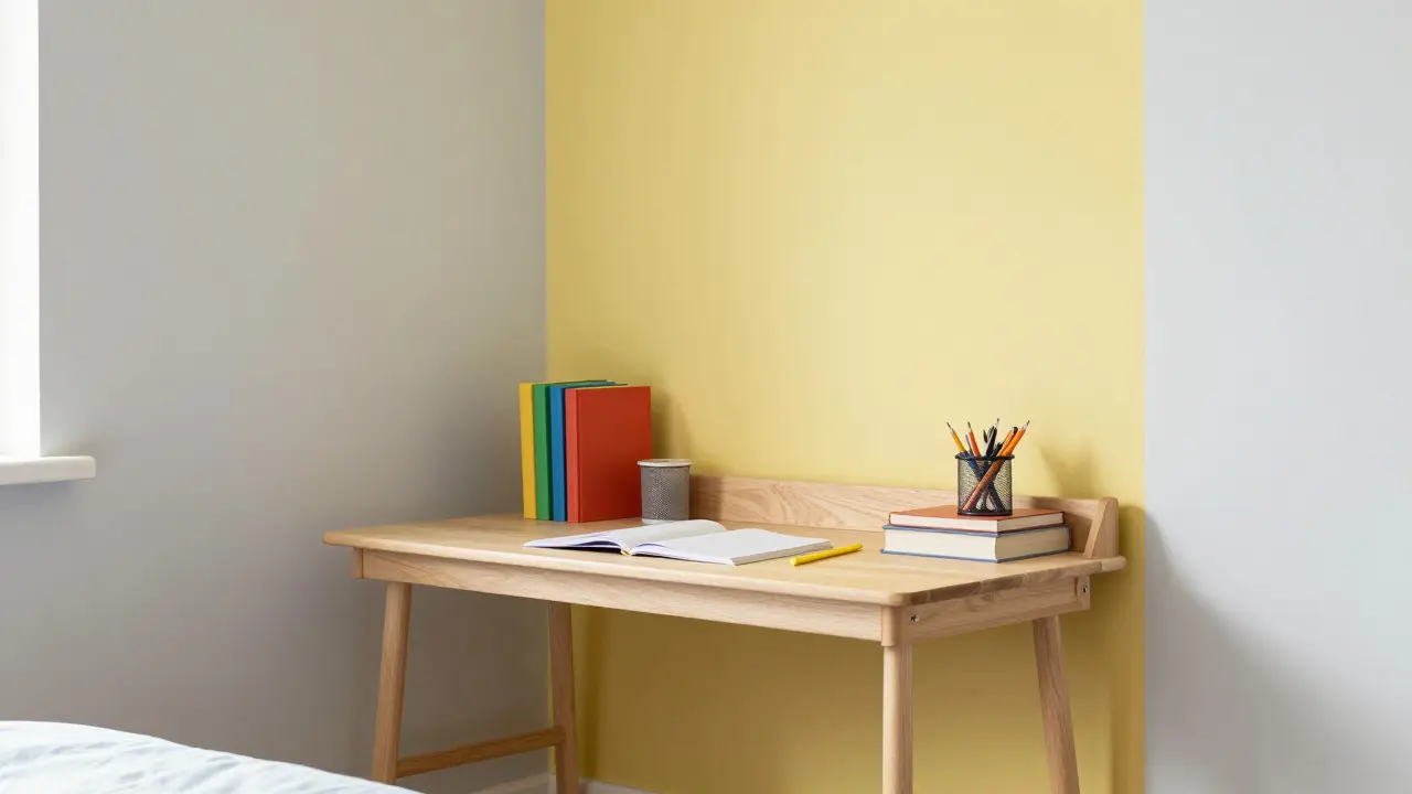 Lernbereich im Kinderzimmer mit gelber Akzentwand für Konzentration