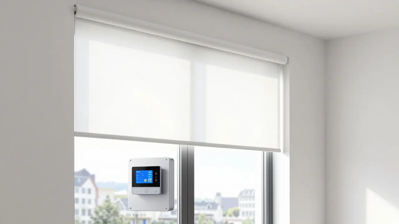 Minimalistisches Fenster mit motorisierten Rollos und Smart-Home-Technologie