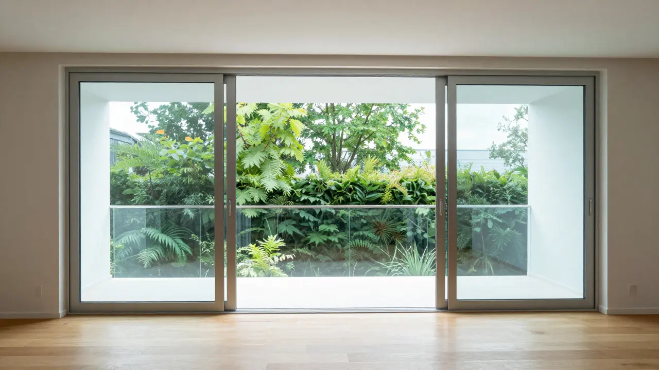 Moderne Schiebefenster mit Blick auf einen Balkon in einer hellen Wohnung.