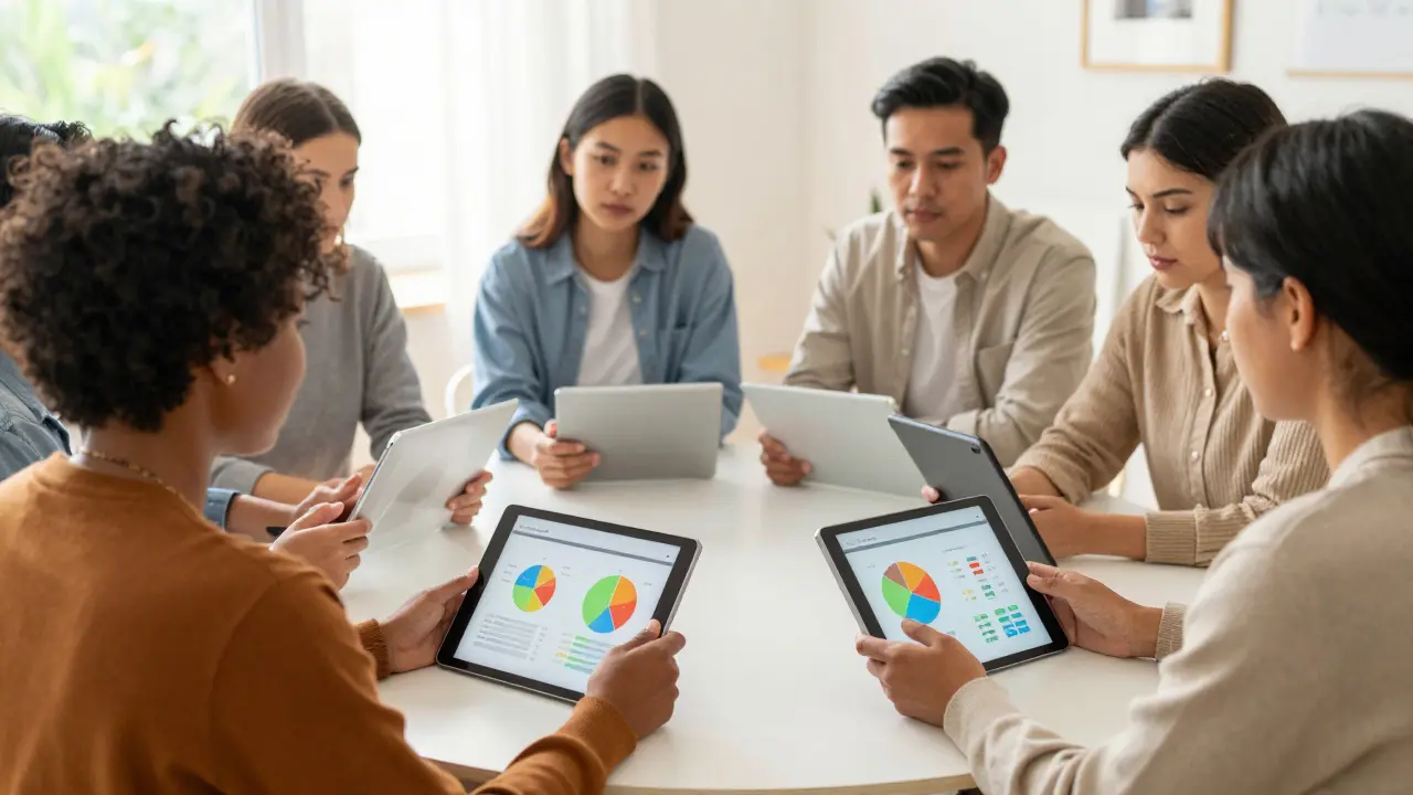 Nachbarn diskutieren Kostenverteilung mit digitalen Tools