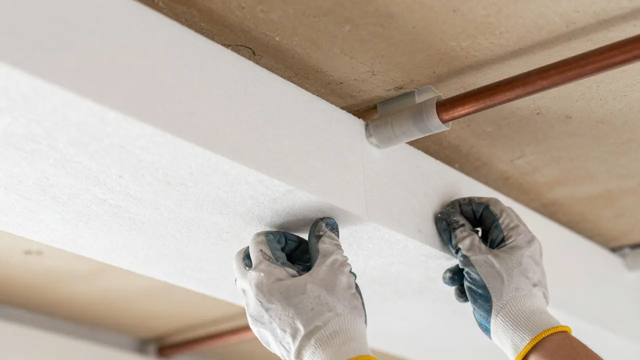 Nahaufnahme der Installation von Dämmplatten und Rohrverkleidung an der Kellerdecke