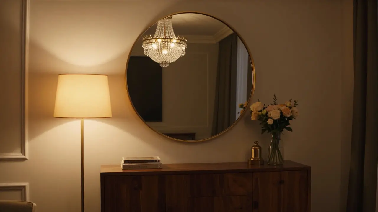 Ovaler Spiegel über Sideboard reflektiert warmes Lampenlicht im Abendzimmer