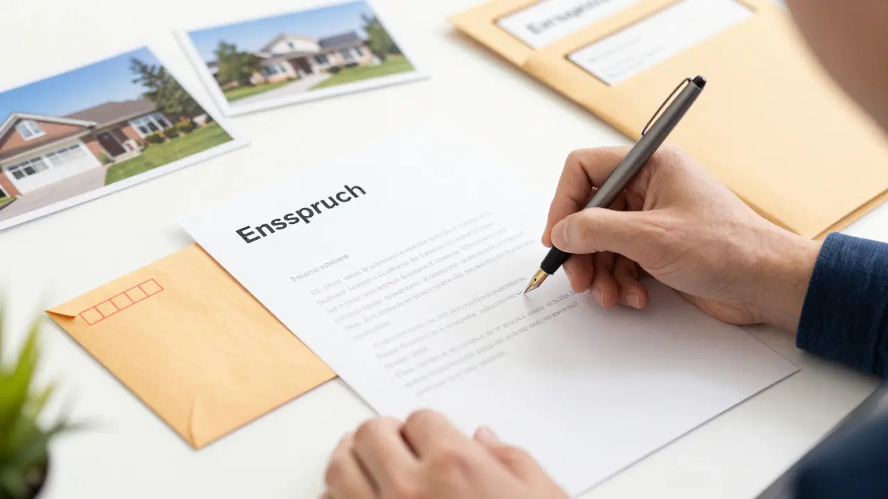 Person schreibt formellen Einspruchbrief mit Einschreiben-Einlage