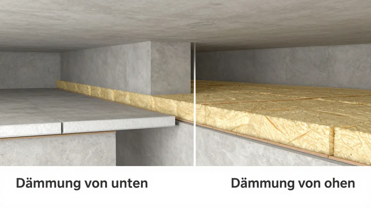 Schnittzeichnung zum Vergleich der Kellerdeckendämmung von unten und von oben
