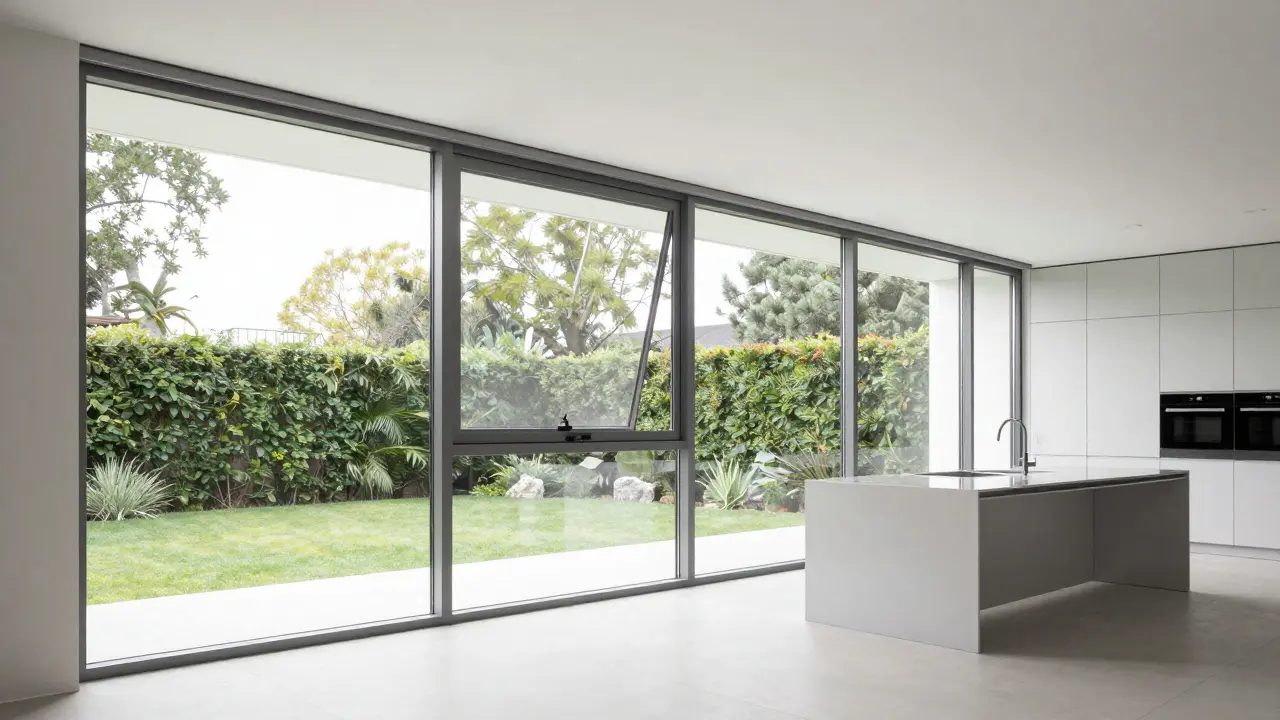 Sliding windows provide a panoramic view in a minimalist kitchen.