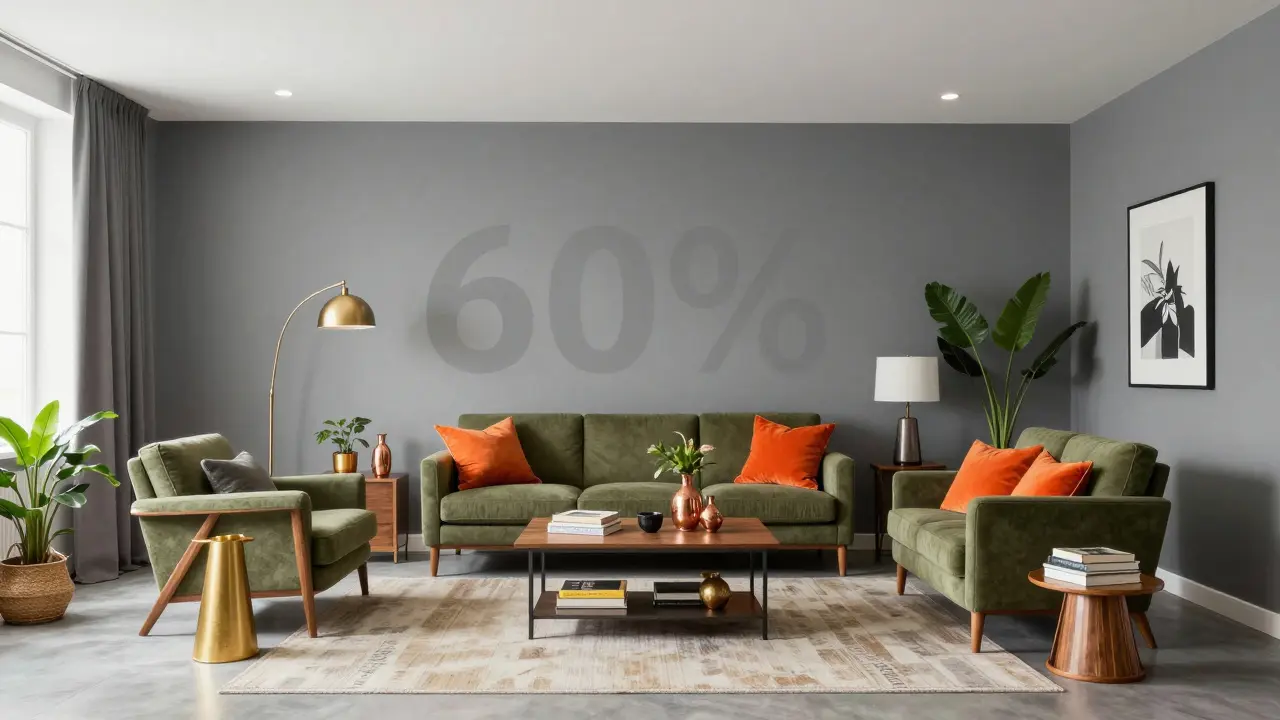 Stilvolles graues Wohnzimmer mit Terrakotta- und Gold-Akzenten nach der 60-30-10-Regel
