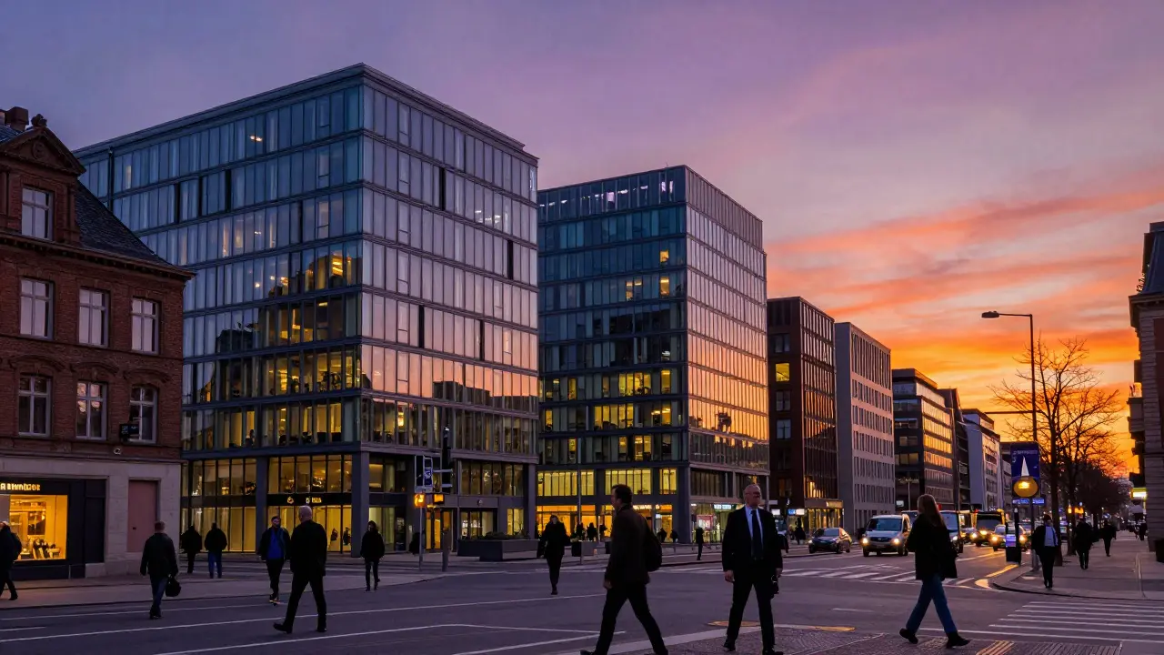 Stimmungsvolle Dämmerungsansicht von modernen Büros und historischen Gebäuden in Düsseldorf