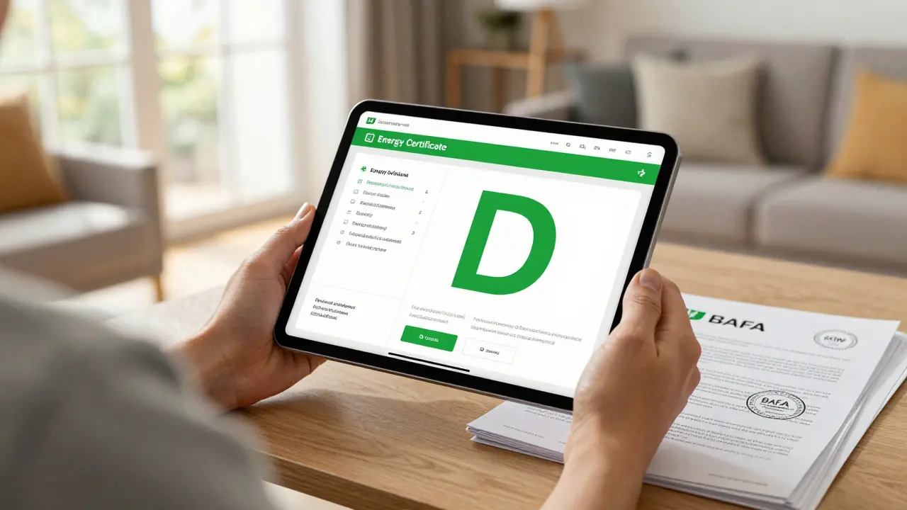 Tablet mit grünem Energiezertifikat und Förderunterlagen auf dem Tisch