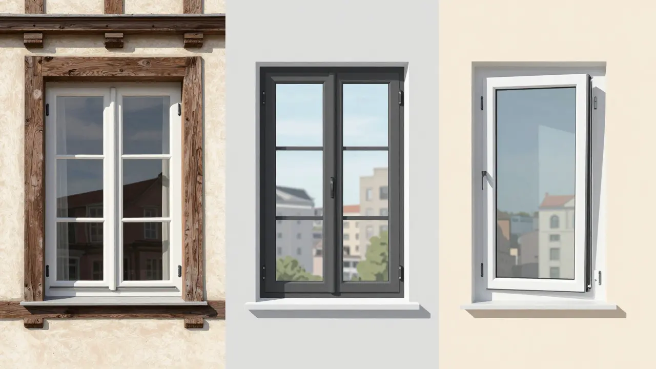 Vergleich von drei Fenstertypen: Flügelfenster, Schiebefenster und Drehkippfenster.