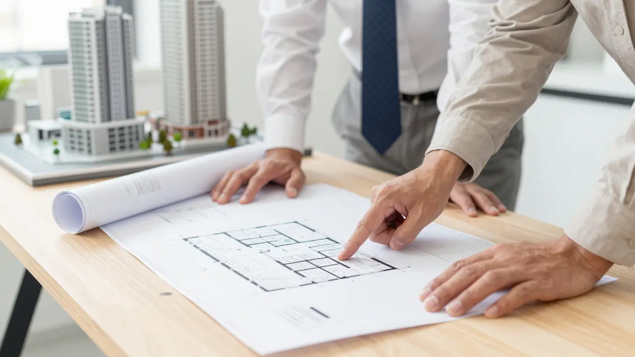 Architekt und Kunde prüfen Baupläne für Schallschutz