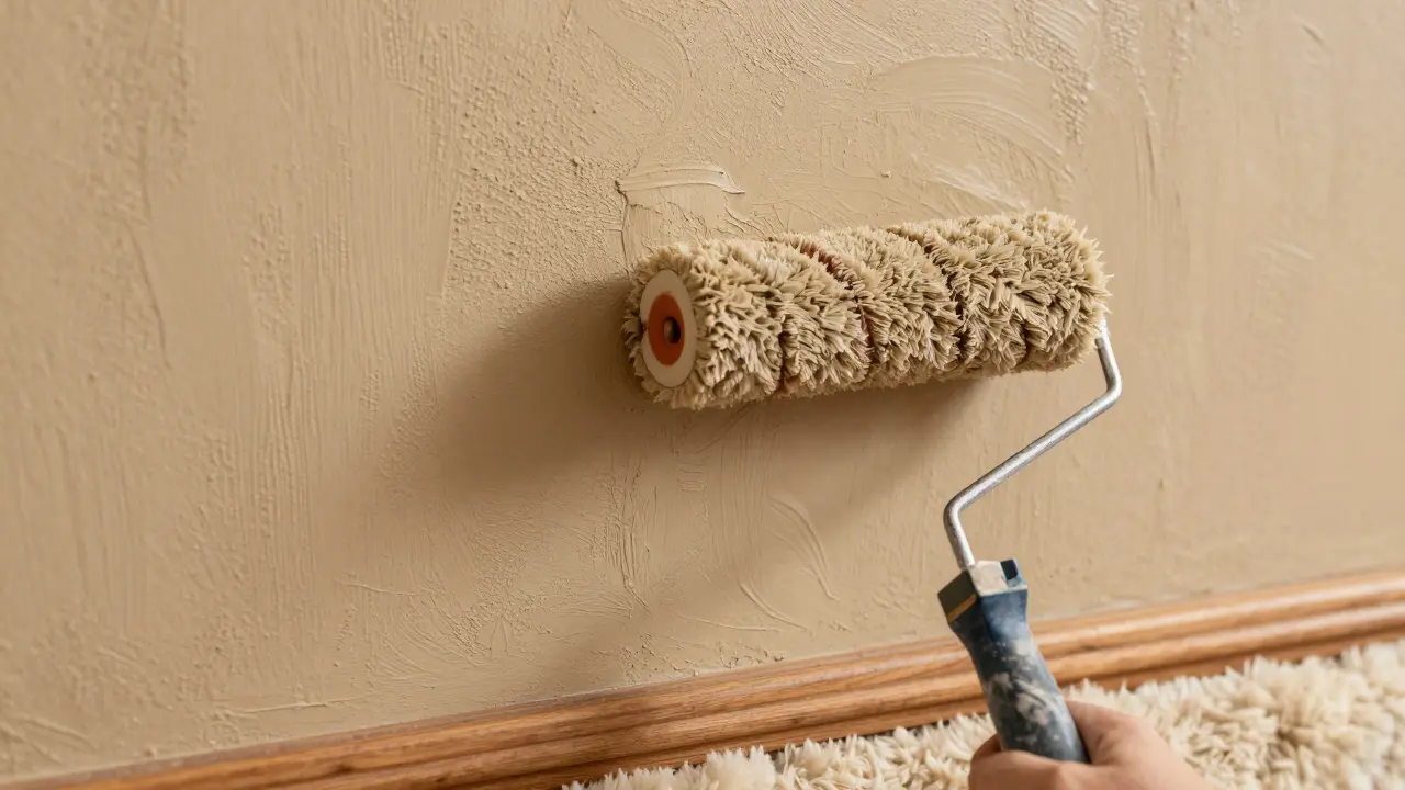 Detailansicht von strukturierter Kalkfarbe in Sandbeige auf einer Wand