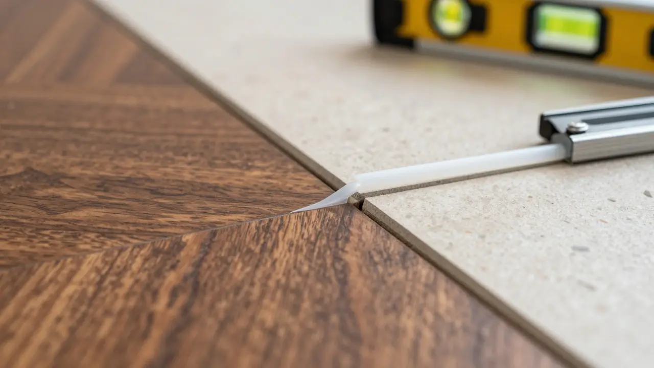Detailaufnahme der Dehnungsfuge zwischen Holz und Keramik