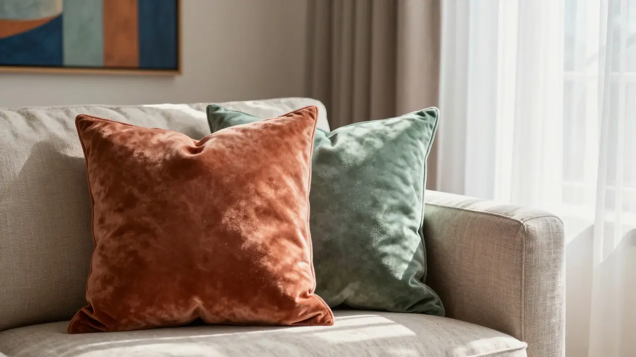 Detailaufnahme von bunten Kissen und Sonnenlicht