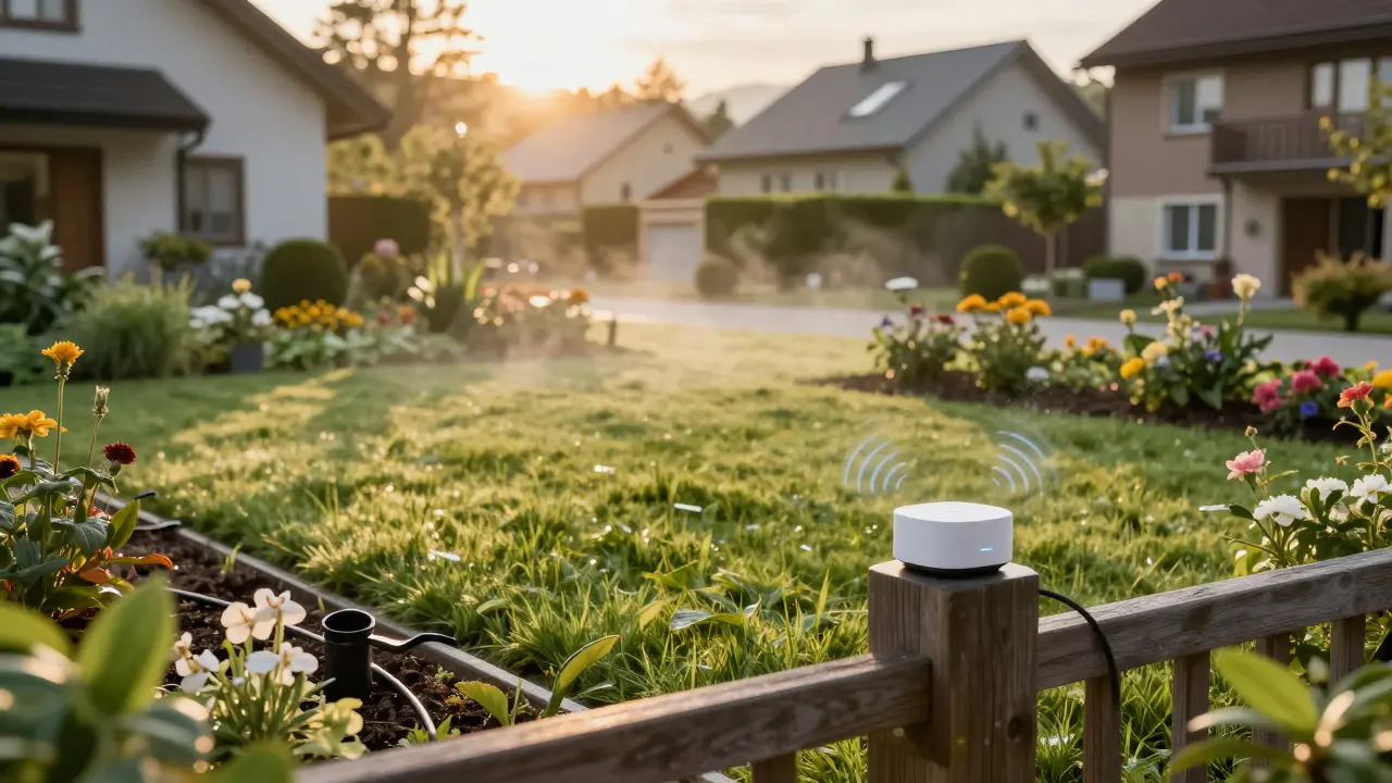 Friedlicher Garten bei Sonnenaufgang mit Tropfbewässerung und Smart-Home-Hub, Symbol für effiziente Wassernutzung.
