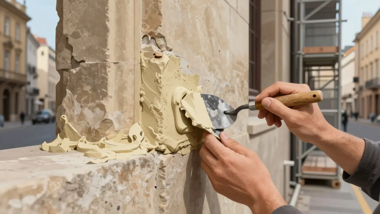 Handwerker saniert sorgfältig eine Steinmauerfuge mit Kalkmörtel am historischen Gebäude