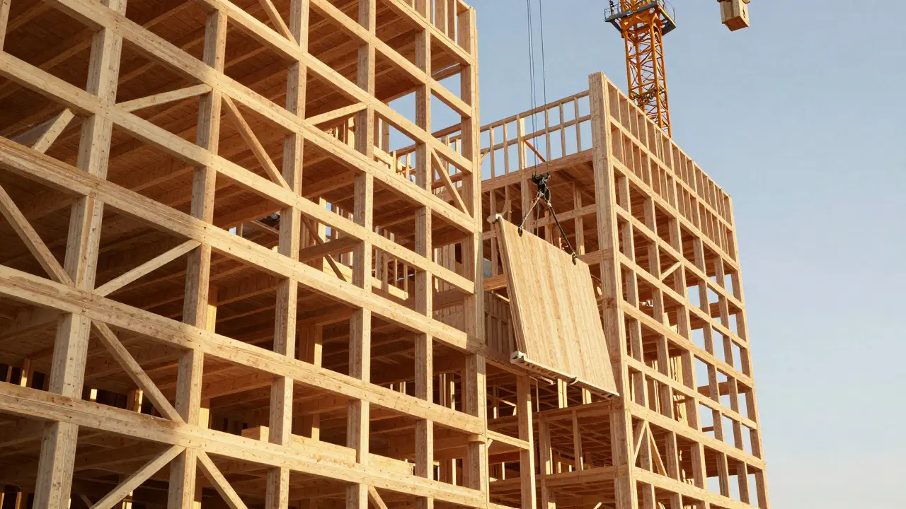 Hochhaus aus Holz im Bau, dargestellt als Beispiel für nachhaltiges Bauen in höheren Klassen