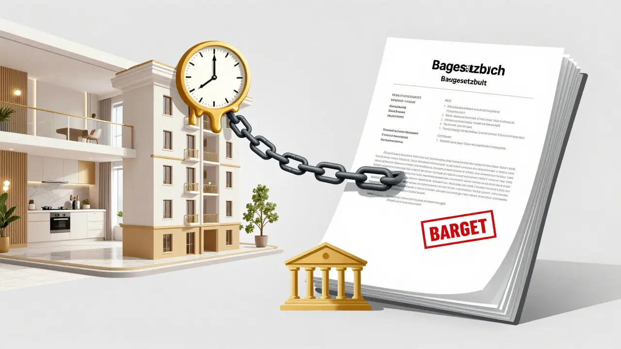 Konzeptillustration: Luxusrenovierung blockiert von behördlichen Dokumenten