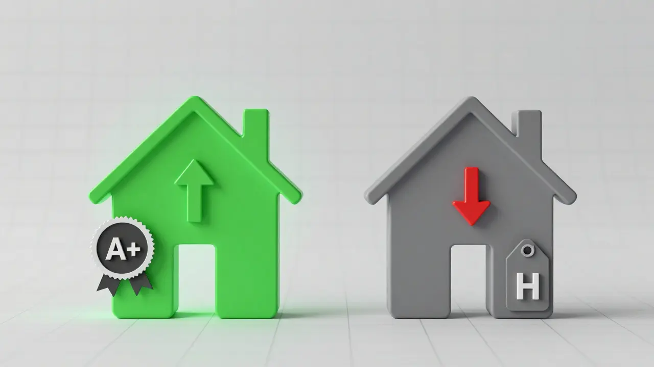 Konzeptillustration: Wertunterschied zwischen energieeffizienten und alten Gebäuden.