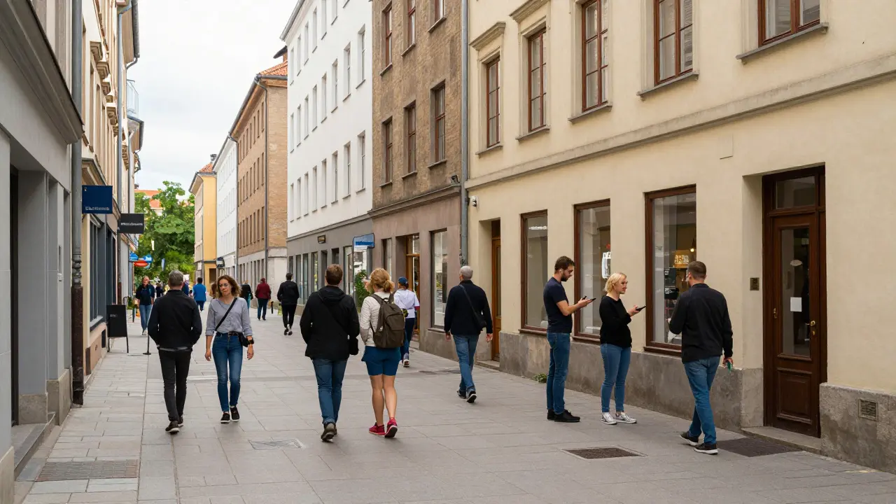 Lebendiges Stadtviertel mit diverser Bevölkerung und historischer Architektur