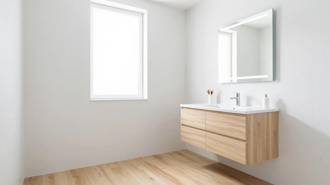 Modernisiertes Bad mit neuen PVC-Bodenbelag und heller LED-Beleuchtung