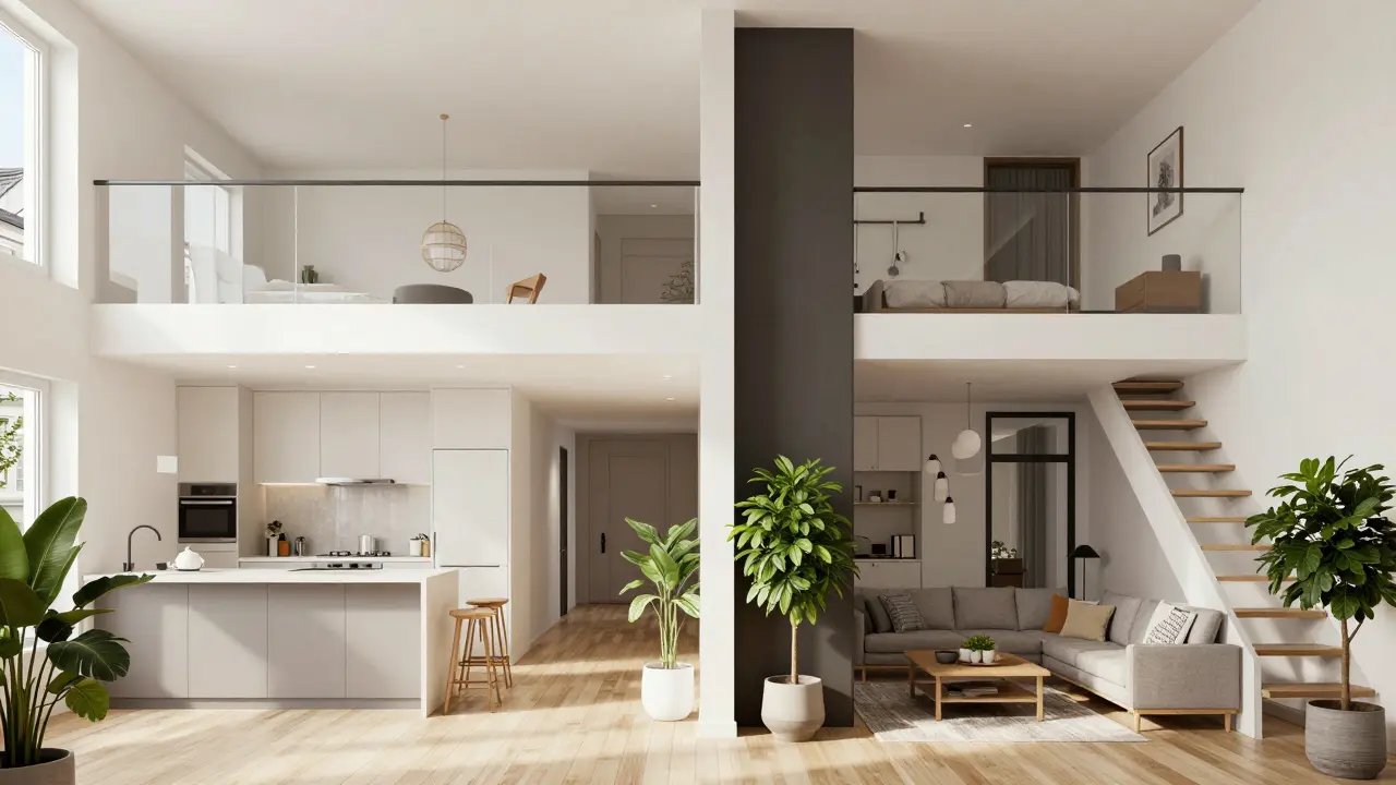 Modernisiertes Mehrfamilienhaus-Innenleben mit separaten Wohnbereichen für Senioren und jüngere Familienmitglieder.