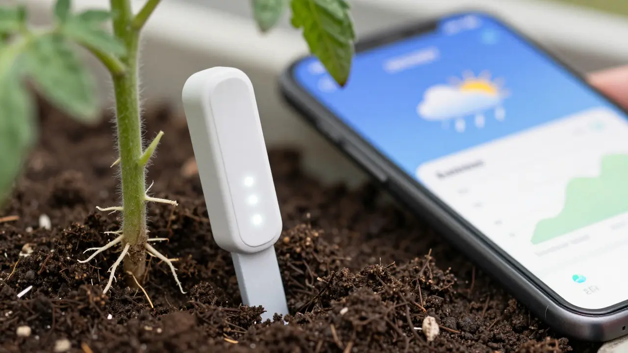 Nahaufnahme eines Bodenfeuchtesensors im Erdreich neben Tomatenpflanzen, Hintergrund zeigt Wetterdaten-App-Grafiken.