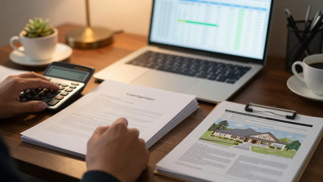 Nahaufnahme eines Schreibtisches mit Dokumenten und Rechner zur Immobilienanalyse