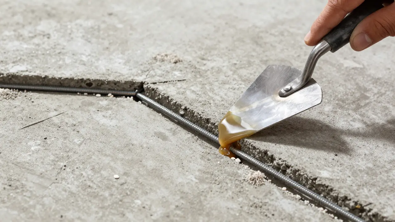 Reparatur eines Estrichrisses mit Stahlbewehrung und Injektionsharz