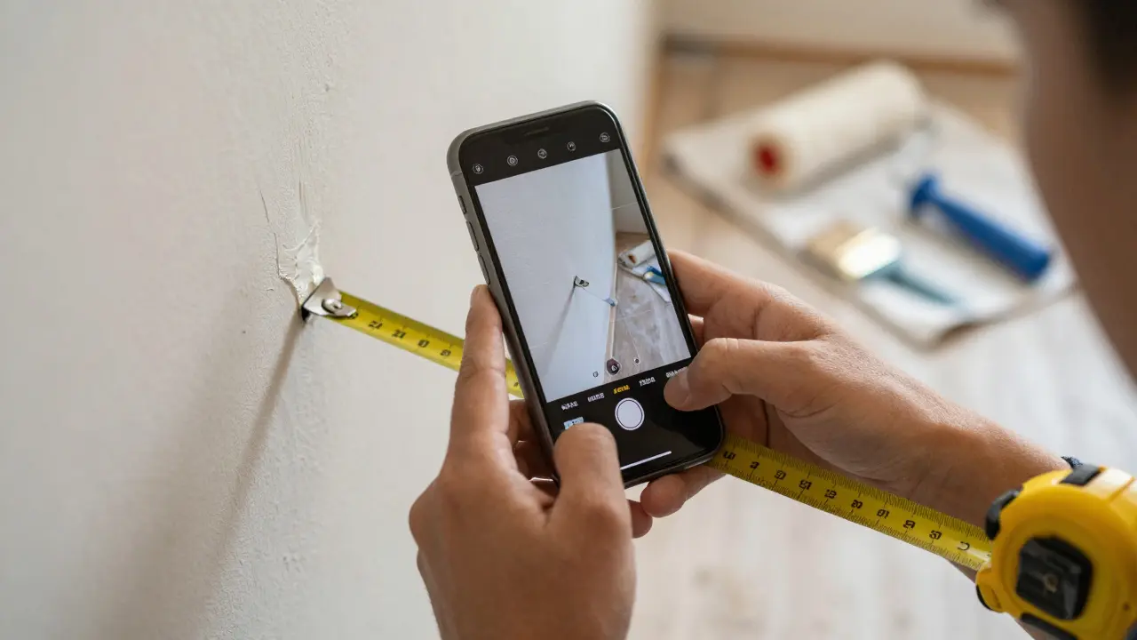 Smartphone fotografiert Wand mit Maßband für Beweisfotos