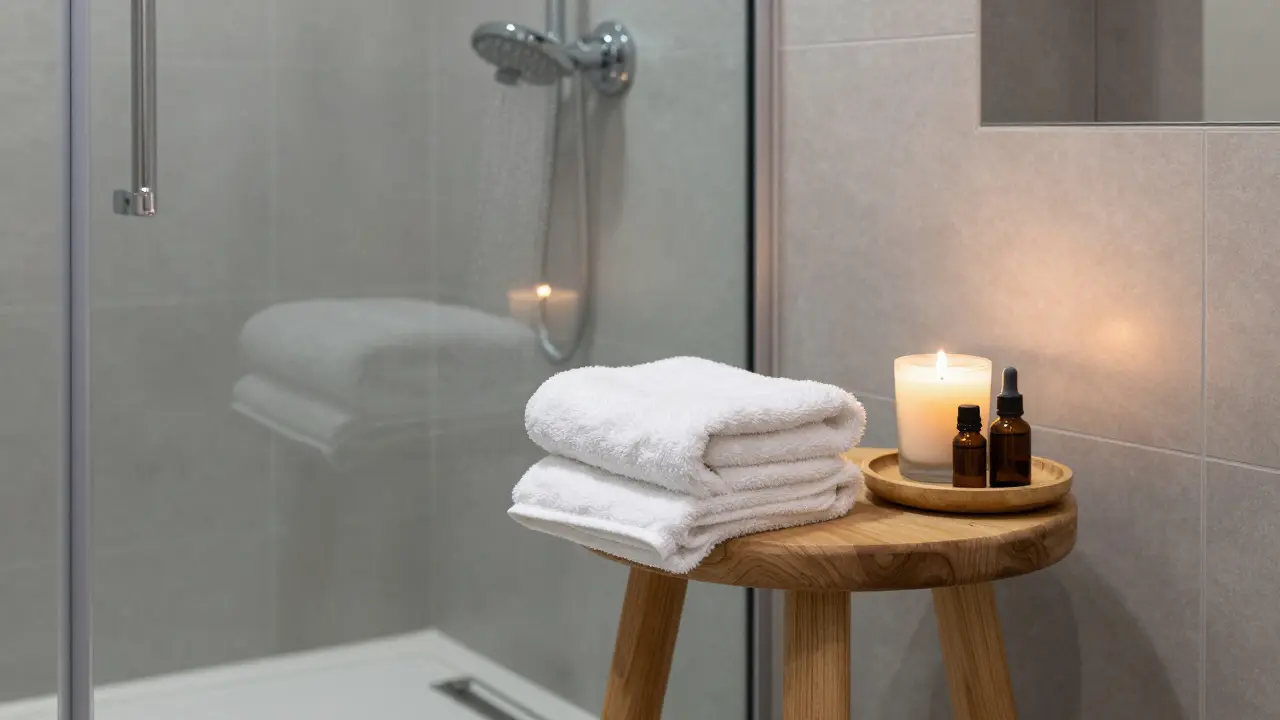 Wellness-Ecke mit Handtuch, Kerze und Duschabtrennung