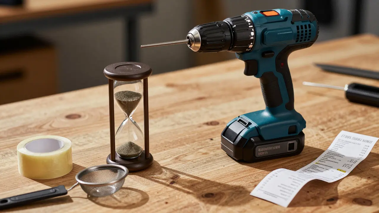 Werkzeug und Sanduhr symbolisieren den Zeit- und Kostenaufwand
