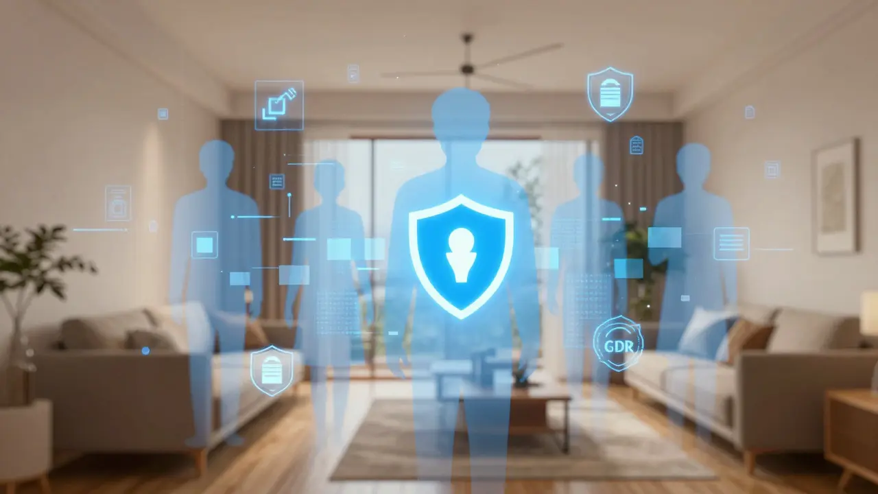 Wohnzimmer mit digitalen Datenschutz-Symbolen über den Mieter-Silhouetten