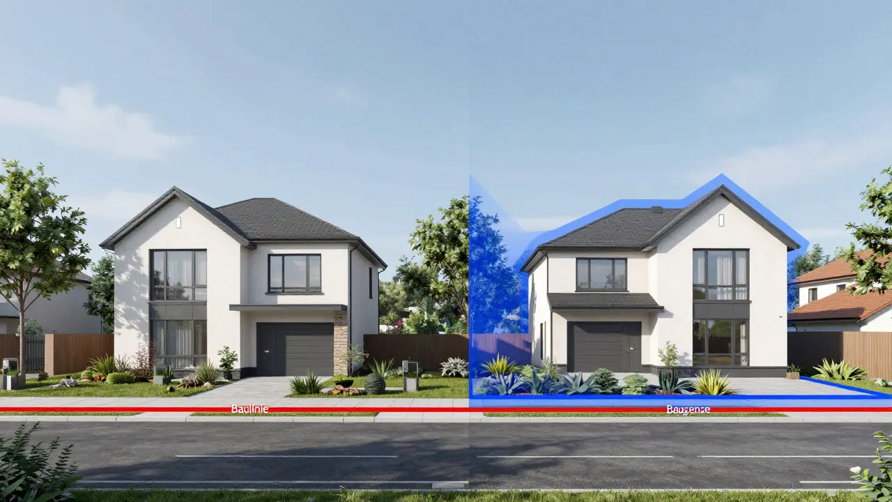 Architekturvisualisierung: Haus an roter Baulinie vs. freier Positionierung innerhalb blauer Baugrenze