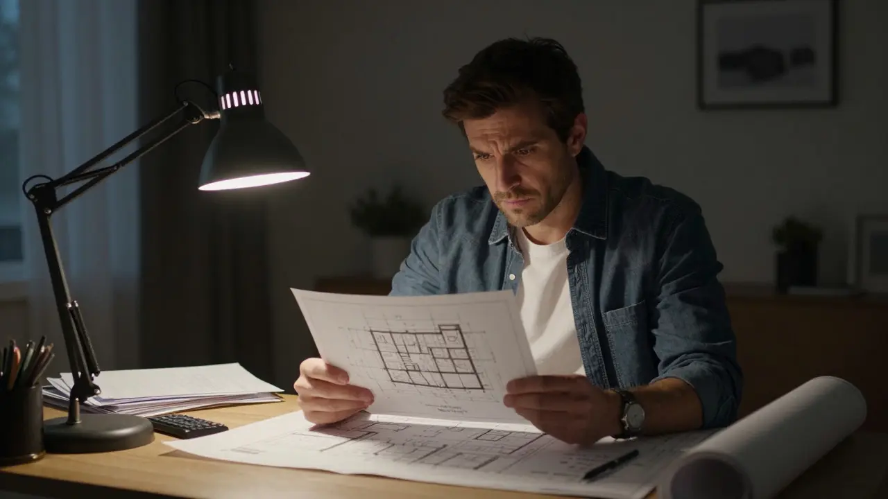 Besorgter Bauherr studiert bei gedimmtem Licht einen komplexen Bauplan am Schreibtisch