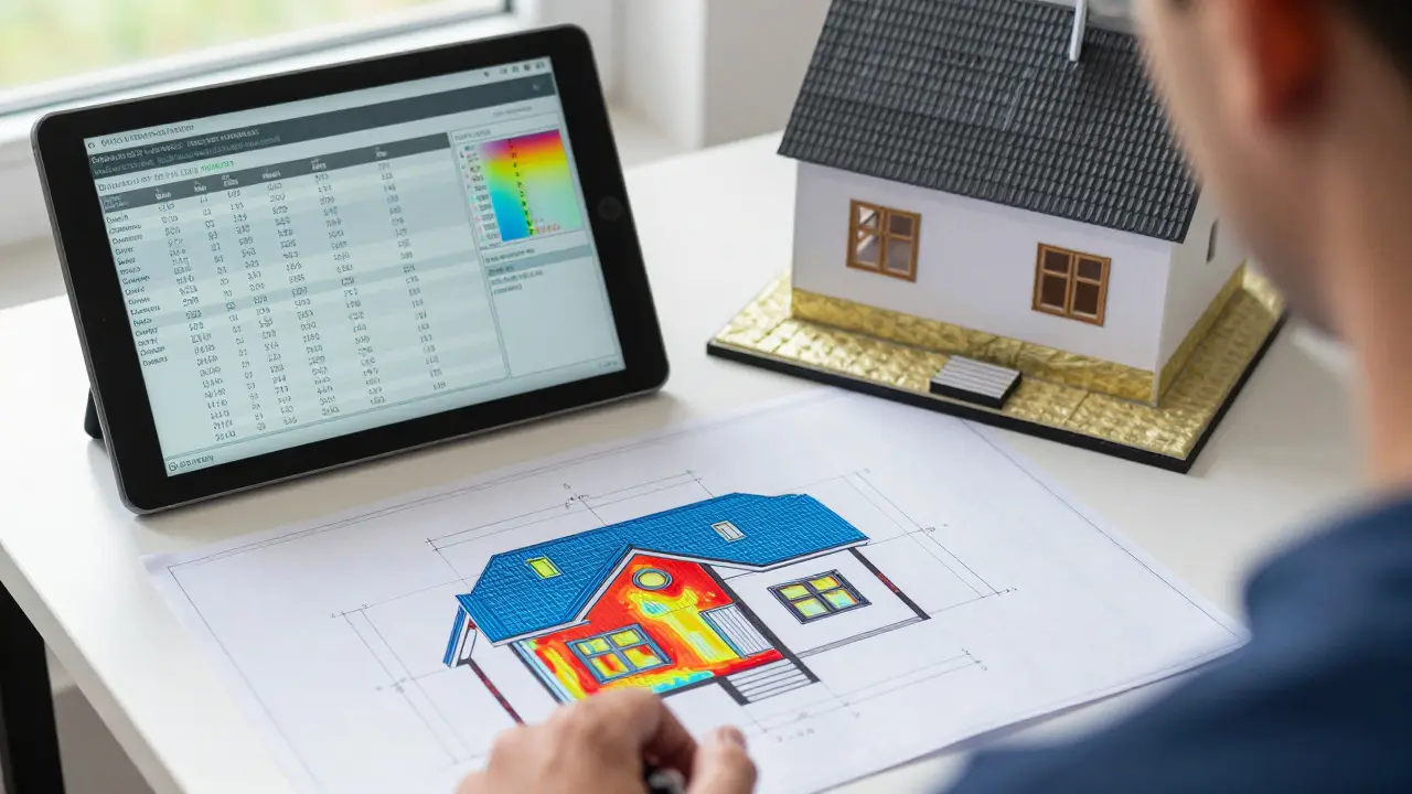 Energieberater berechnet Heizlast mit Plänen und Software