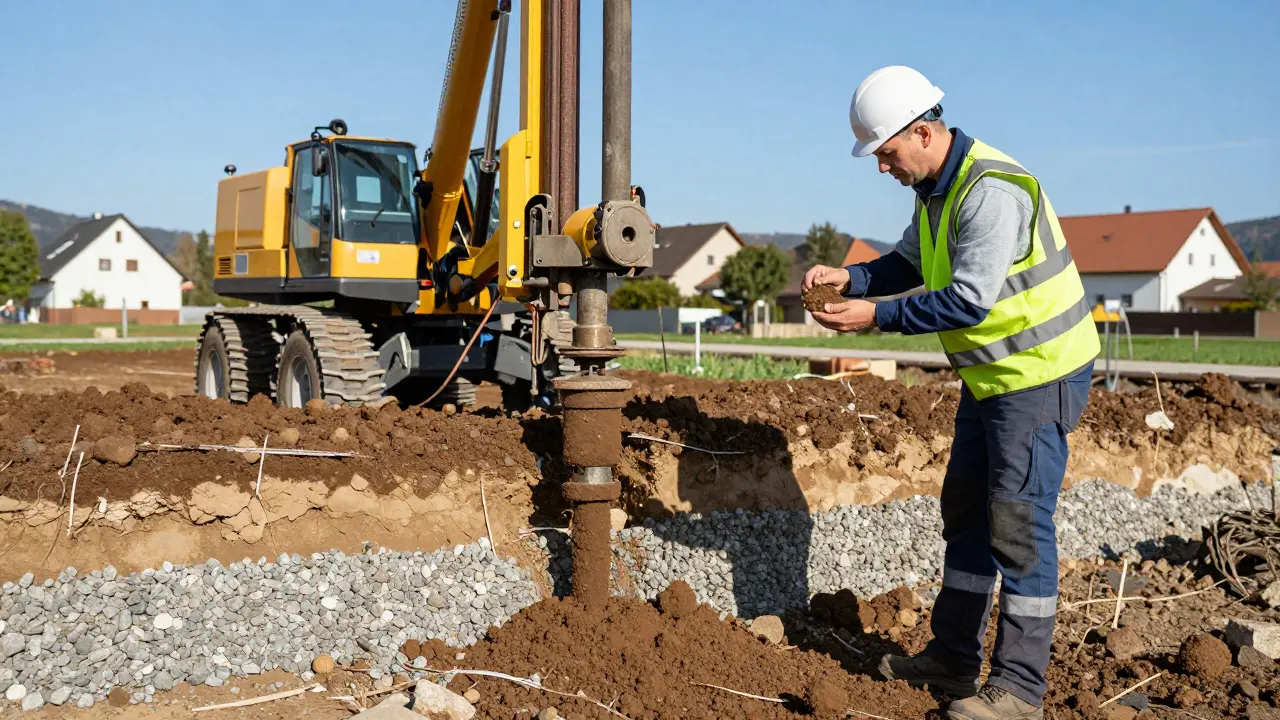 Geotechniker nimmt Bodenproben auf einem Baugrundstück zur Untersuchung
