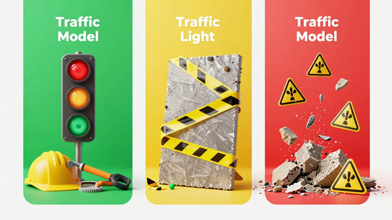Grafik zeigt Ampelmodell für Asbestrisiken: Grün, Gelb, Rot