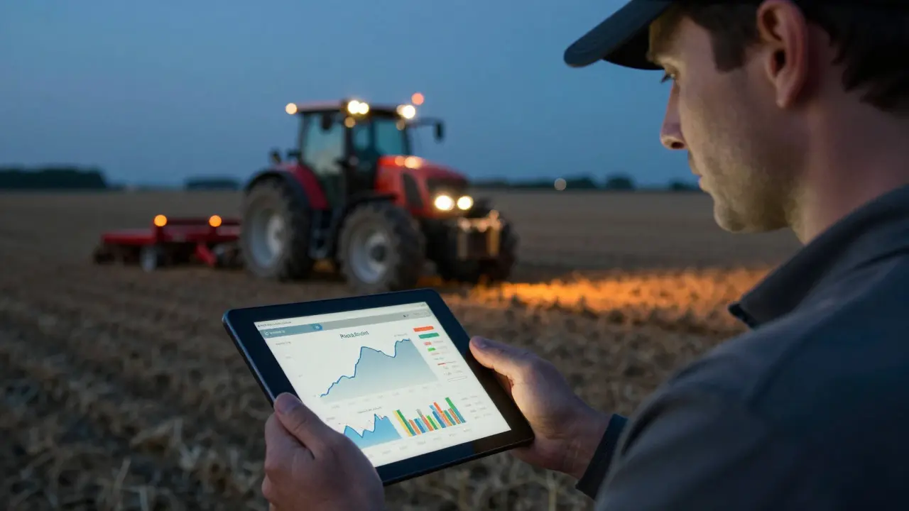 Gutachter analysiert auf einem Tablet Pachtmarkt-Daten in einem Acker bei Dämmerung