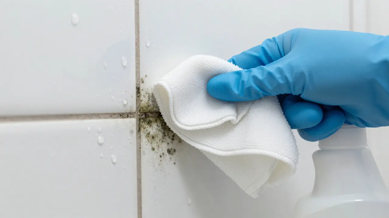 Hand wiping mold off tiles with microfiber cloth